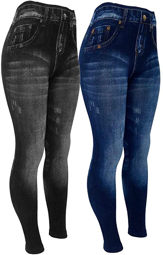 Lov Women's Tummy Control Denim Fake Jeans Seamless Fleece Lined Full  Length Leggings with Pockets Black 3XL