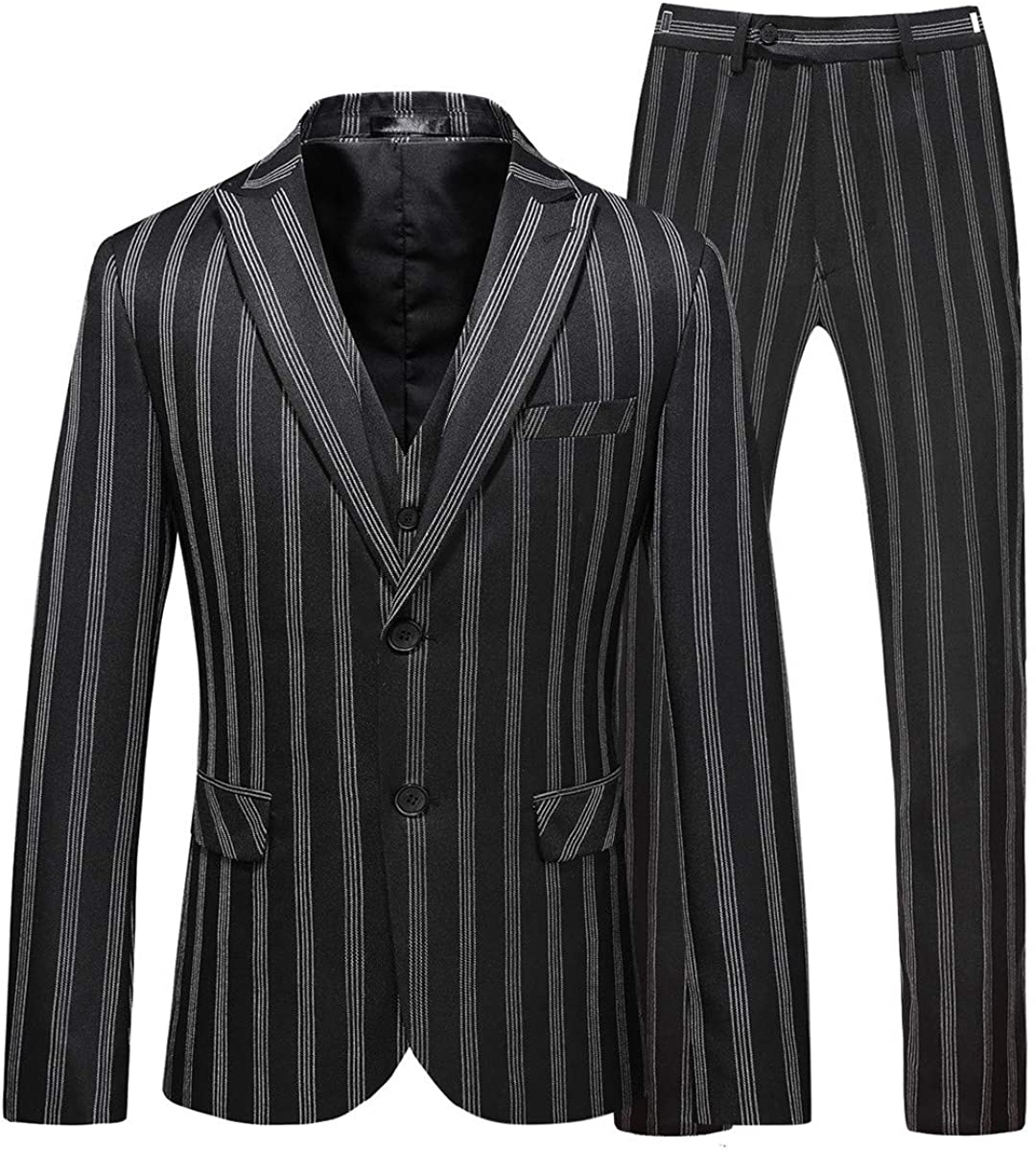 Mens 3 Piece Suit Slim Fit Stripe Tuxedo Blazer Pants Vest Set