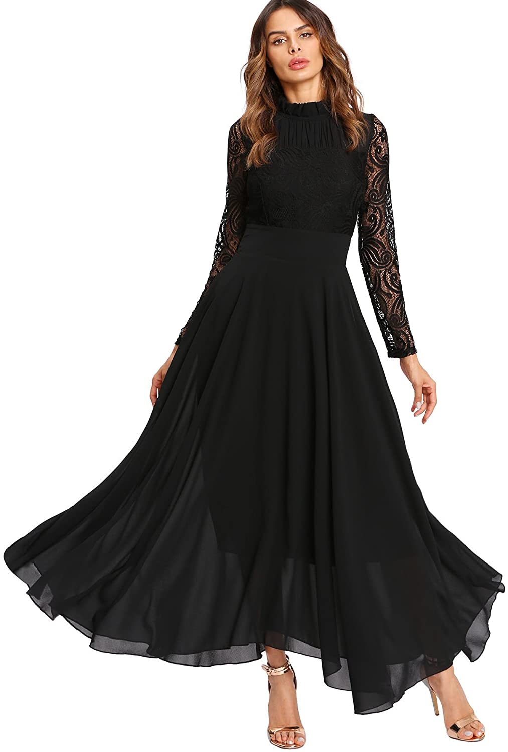 Milumia Women S Vintage Floral Lace Long Sleeve Ruched Neck Flowy Long Dress Ebay
