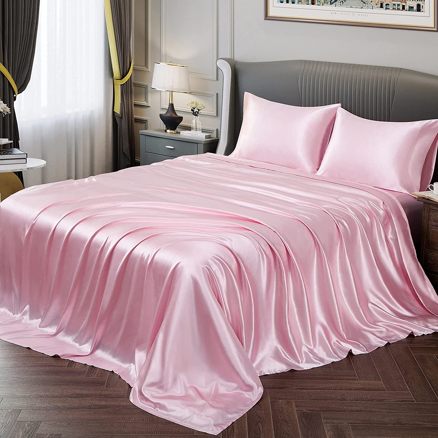Vonty Satin Sheets Full Size Silky Soft Satin Bed Sheets Pink Satin Sheet  Set, 1