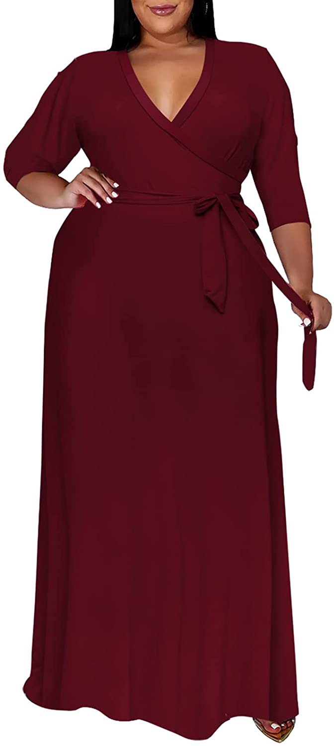 Runwind Plus Size Summer Dress - Wrap Maxi Dresses Solid Print 3/4 Sleeve  for Women Dark Blue XL at  Women's Clothing store