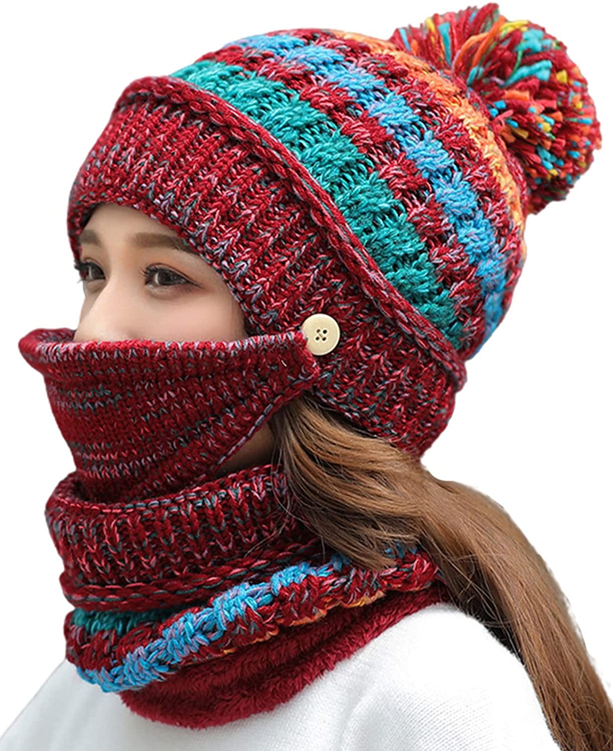 Nanxson 3Pcs Women‘s Fleece Lined Beanie Hat Winter Knit Hat Scarf Face Mask Set for Ski Cycling Camping MZW0162