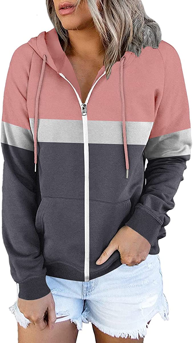 ETCYY Women's Color Block Zip Up Hoodie Sweatshirt Long