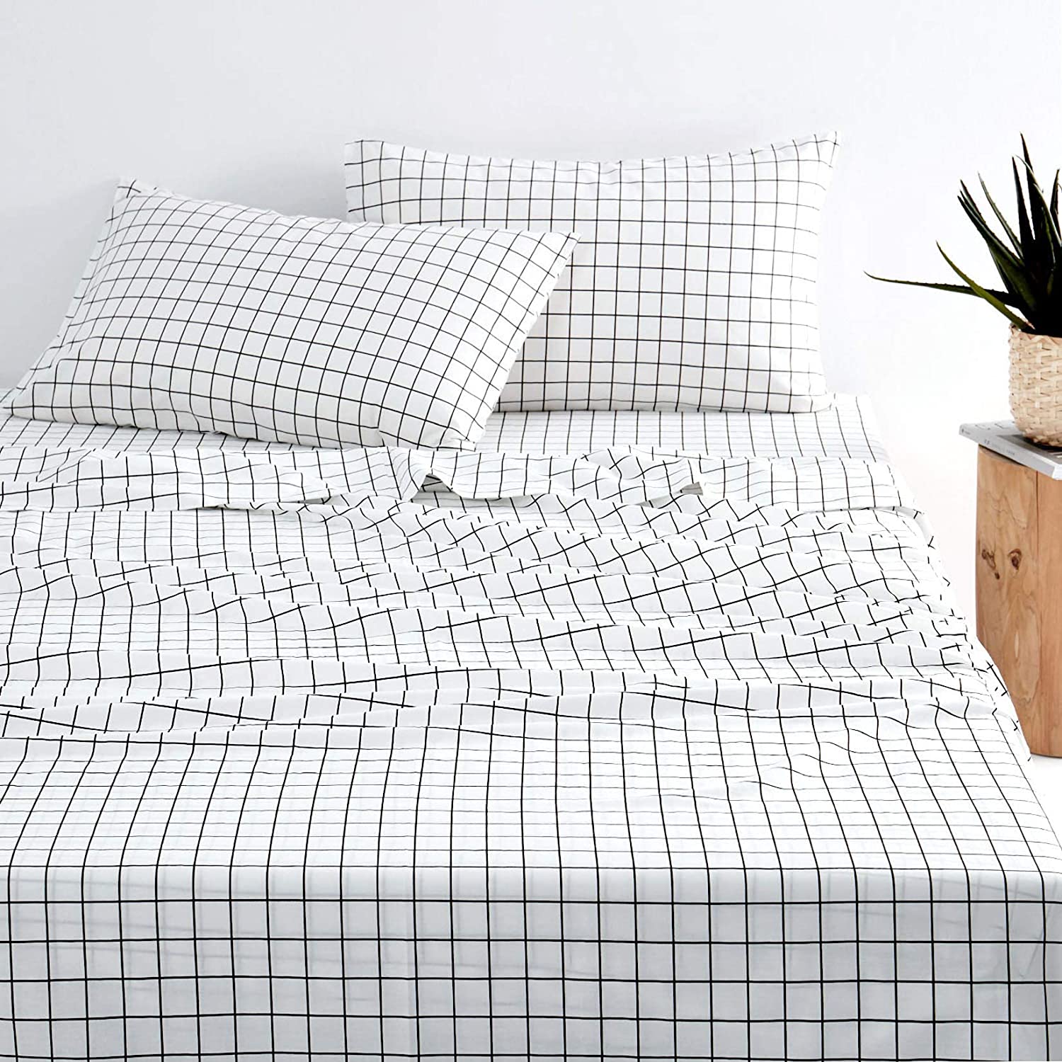 100% Washed Cotton Bedding with Zipper Closure White with Black Grid Geometric Pattern Printed White Grid Duvet Cover Set Wake In Cloud 3pcs, Queen Size 
