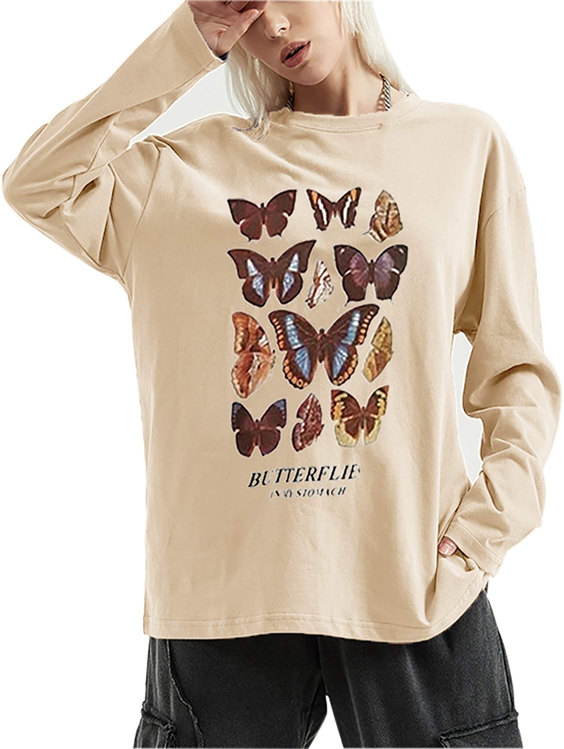 Meladyan Women’s Butterfly Printed Graphic Loose Tee Short Sleeve Round ...