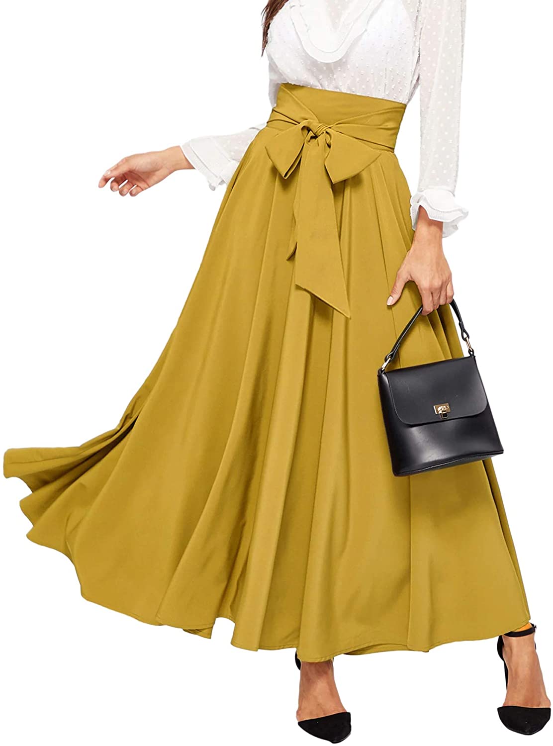 SweatyRocks Women's Elegant High Waist Skirt Tie Front Pleated Maxi Skirts