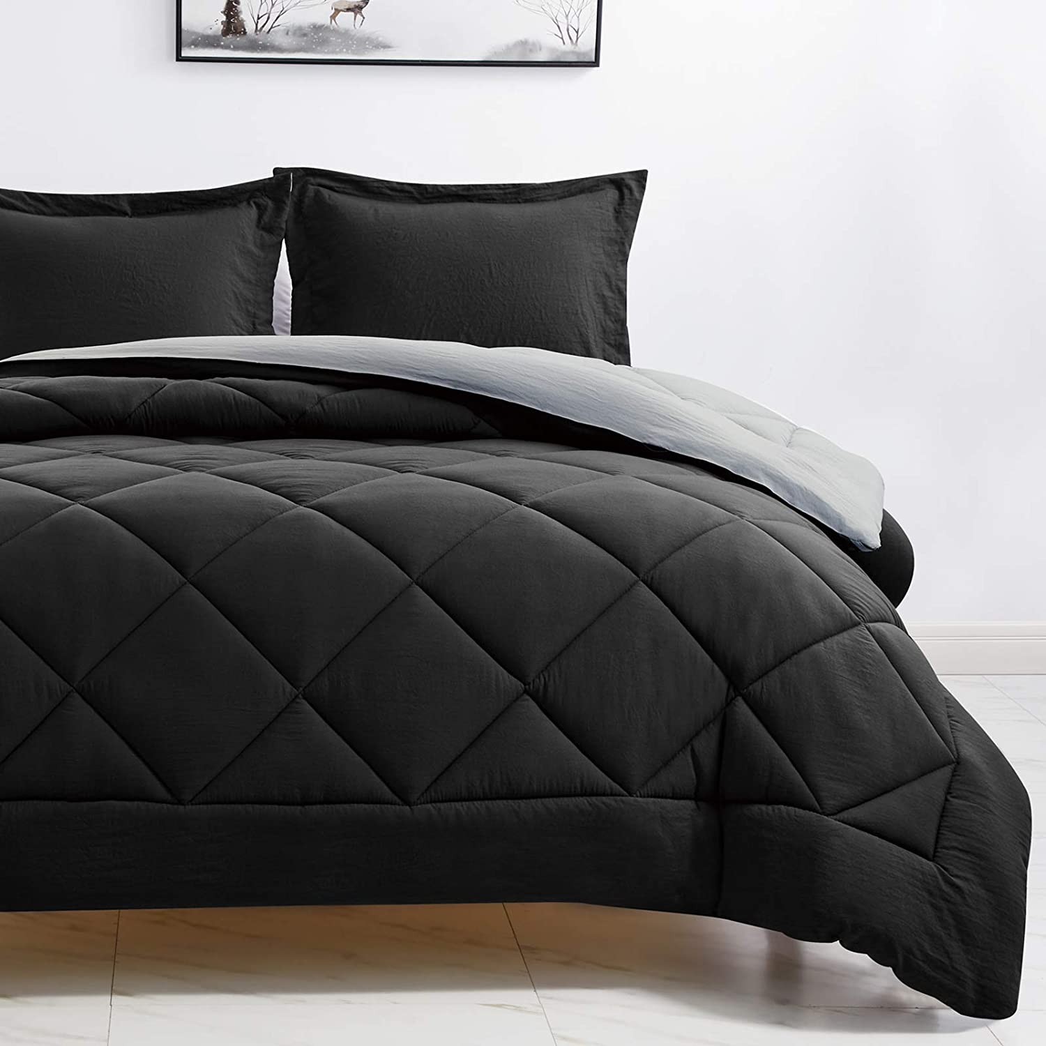 Sizes CozyLux Queen Reversible Comforter Set Black/Light  Assorted Colors