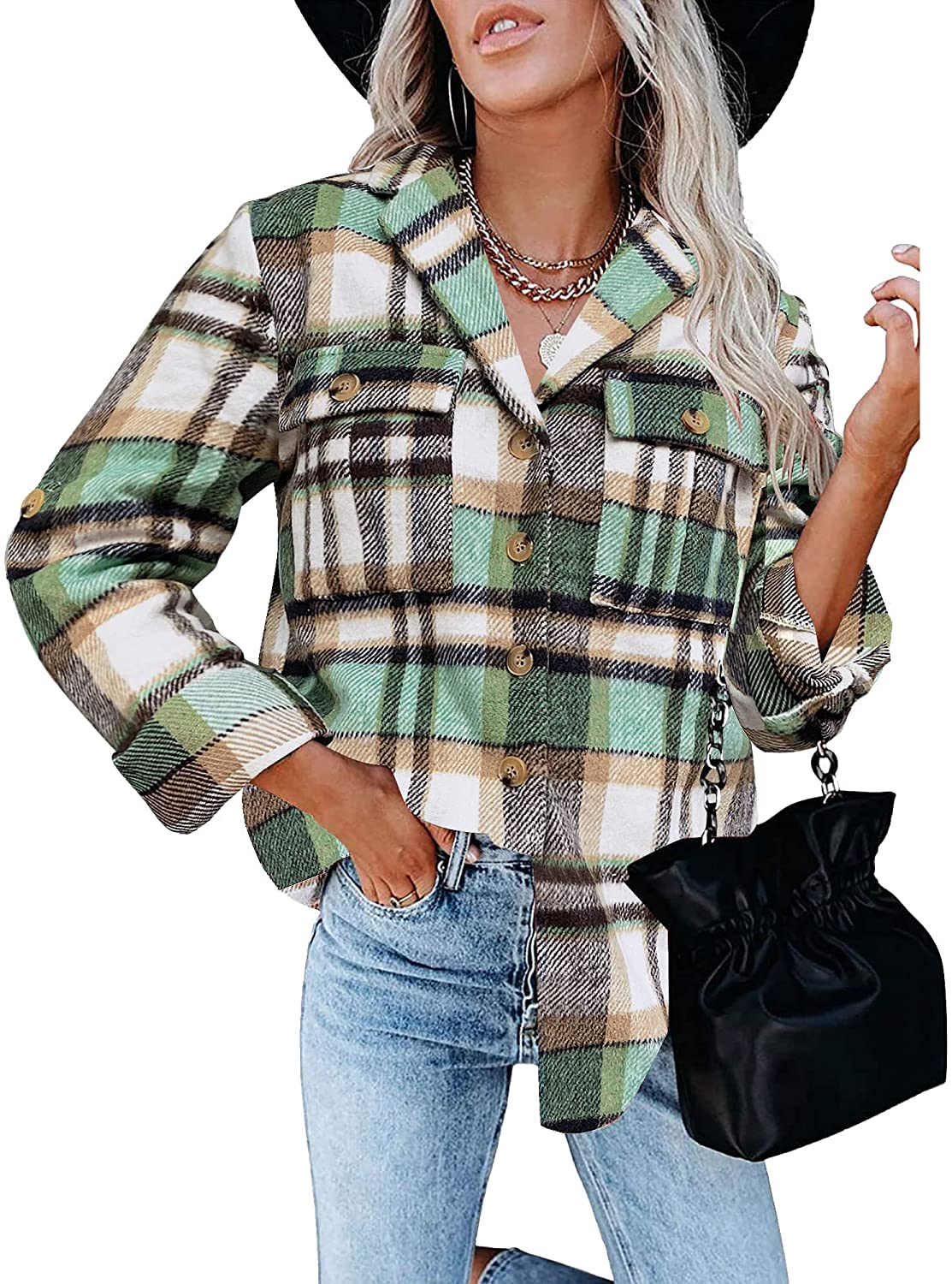 GRAPENT Women's Button Down Plaid Shacket Oversized Casual