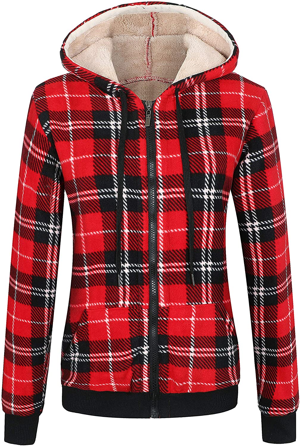 ZENTHACE Women's Sherpa Lined Zip Up Hooded Plaid Shirt Jac Sweater ...