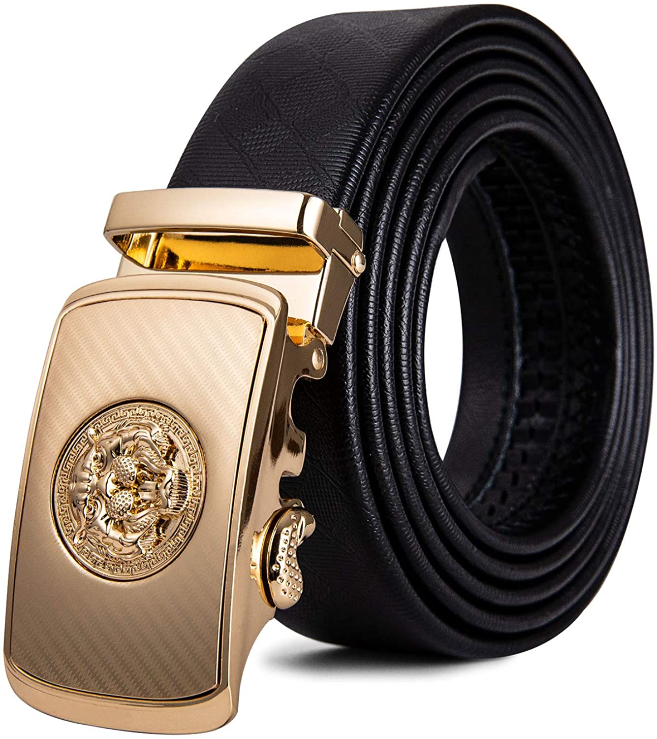 Mens Gold Buckle Belt,YOHOWA Cowhide Belt Automatic Ratchet Buckle Black  Holeless for Jeans/Suit Gift Box (A Black Business, Small,110CM-43.3inch.)  at  Men's Clothing store