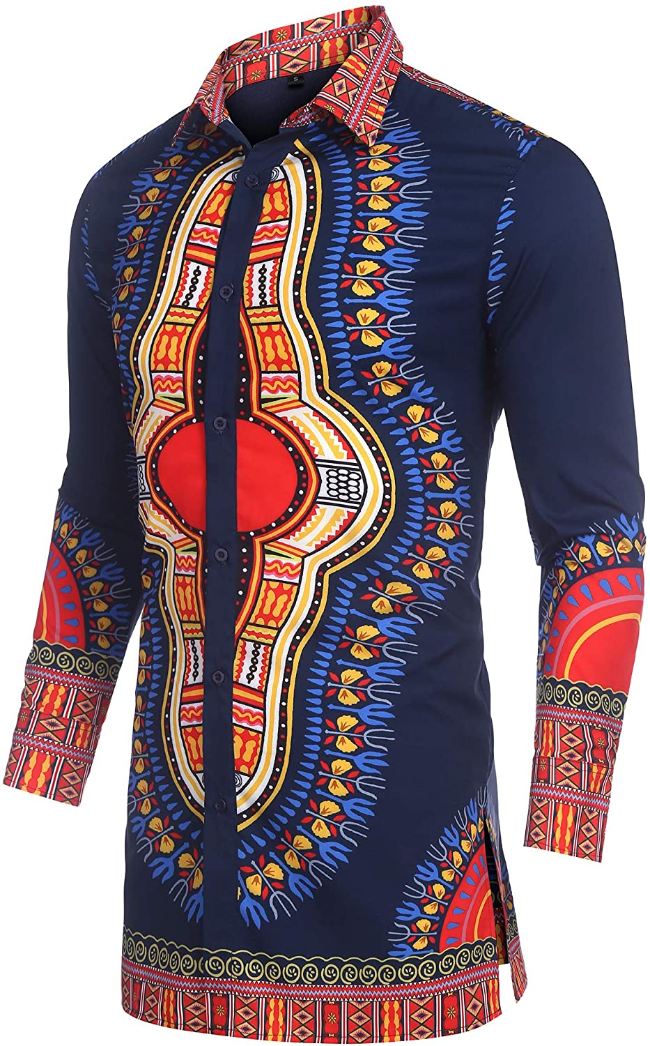 URRU Men's Long Sleeve African Shirt Dashiki Printed Button Down Shirts ...
