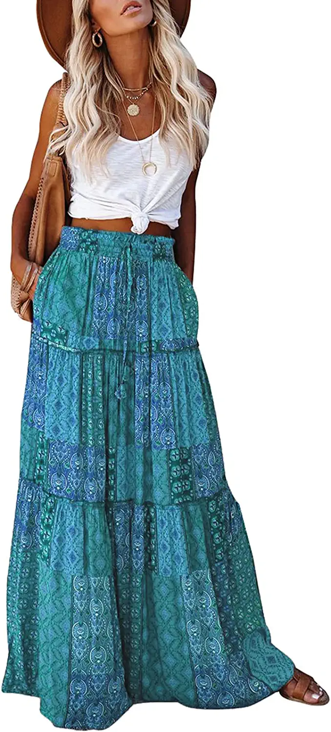 EARKOHA Womens Casual High Waist Tiered Paisley Print Long Maxi Skirt with  Pocke