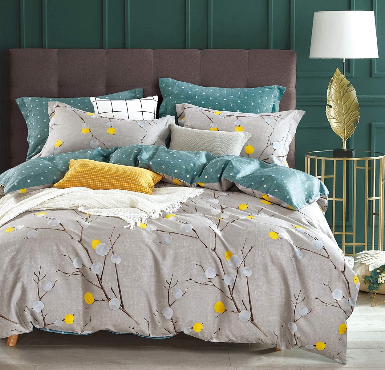 SLEEPBELLA King Size Comforter Set, Grey Branch & Green Reversible Pattern  Print | eBay