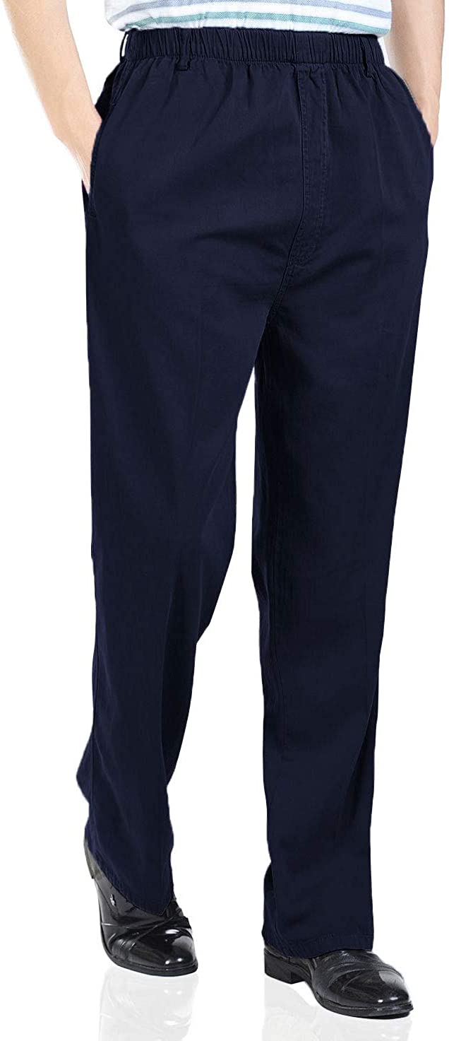 Soojun Men's Cotton Relaxed Fit Full Elastic Waist Twill Pants, Black, 30W  x 28L at  Men's Clothing store