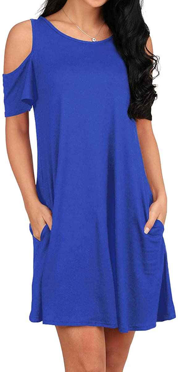OFEEFAN Womens Cold Shoulder Tunic Top T-Shirt Swing Dress with Pockets