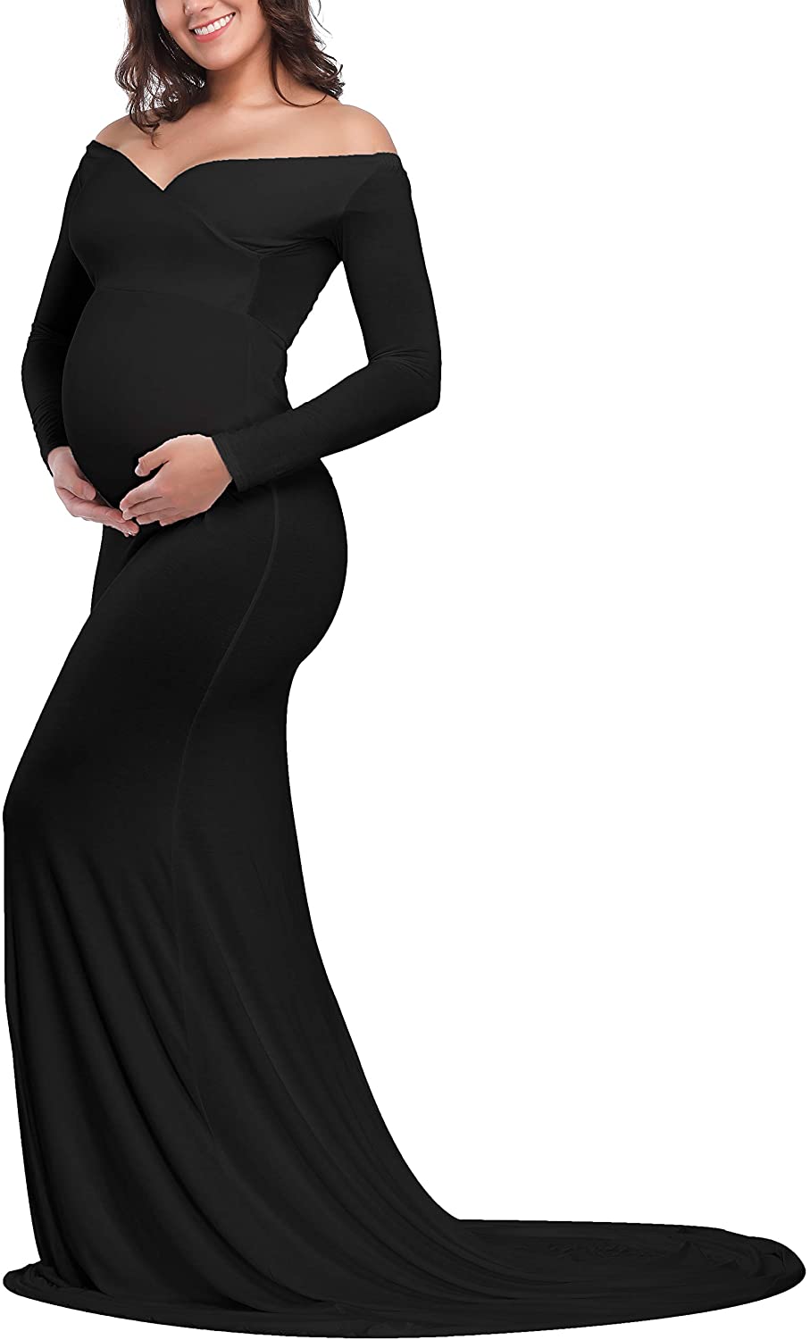 Saslax Maternity Elegant Fitted Maternity Gown Long Sleeve Slim Fit Maxi Photography Dress 