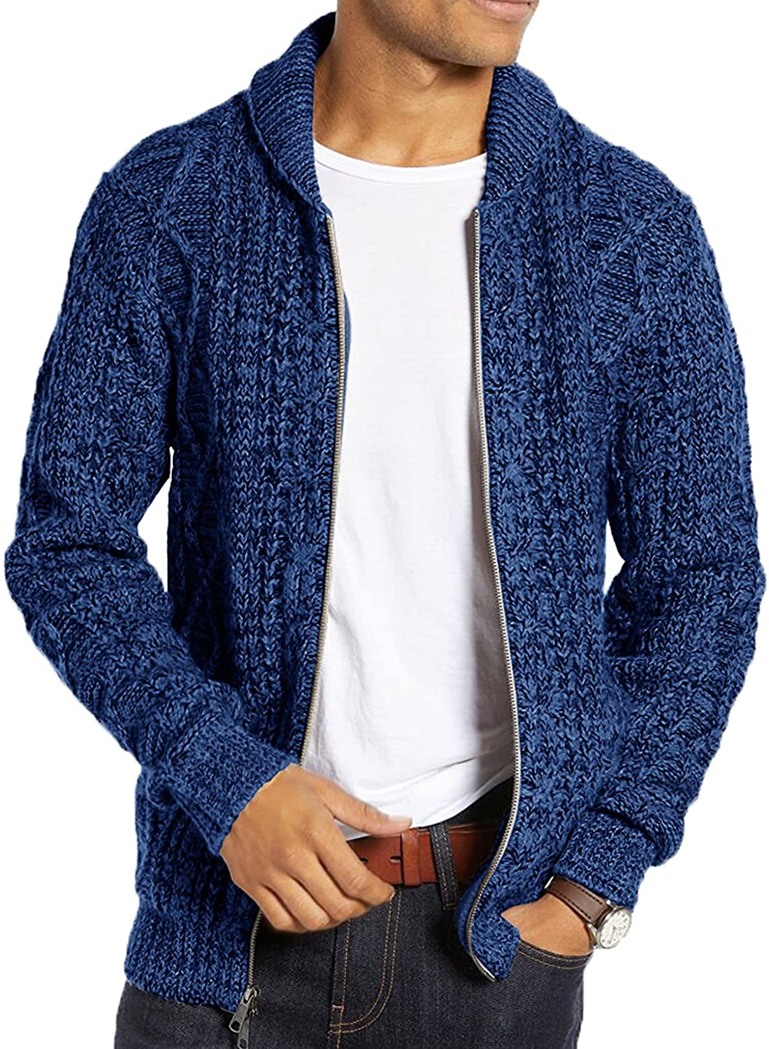 Ryannology Mens Shawl Neck Cardigan Sweater Cable Knit Zip Up Closure with  Pocke