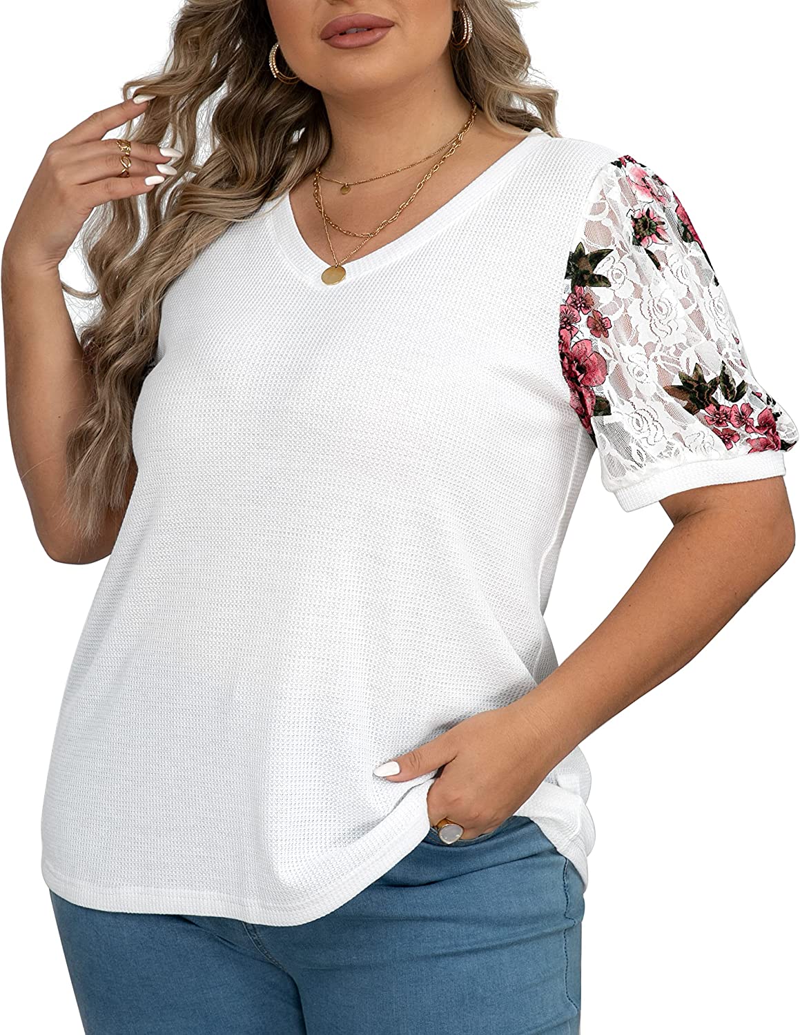 OLRIK Plus Size Tops for Women Lace Sleeve Blouse Waffle Knit Long Sleeve  Shirts Oatmeal-2X - ShopStyle