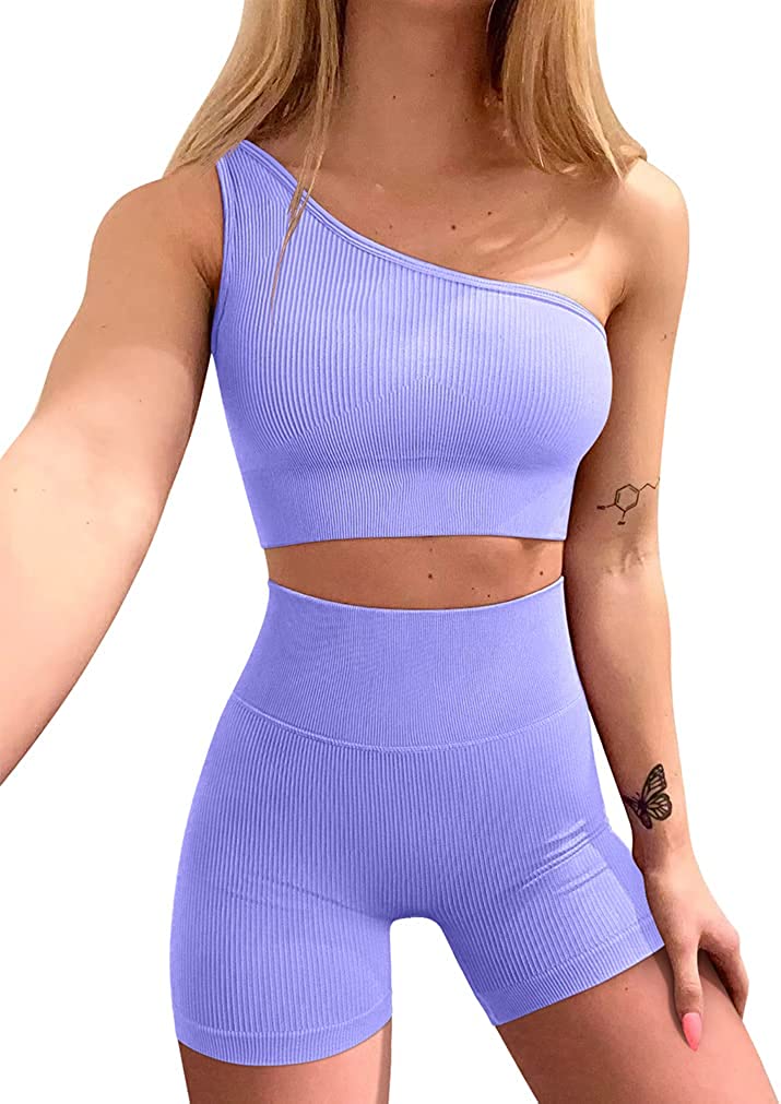 OQQ Workout Outfits for Women 2 Piece Ribbed One Shoulder High Waist Shorts  With