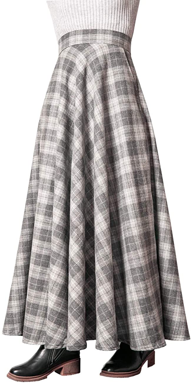 Femirah Womens Autumn Winter Wool Elastic Waist Plaid Maxi A Line Skirt