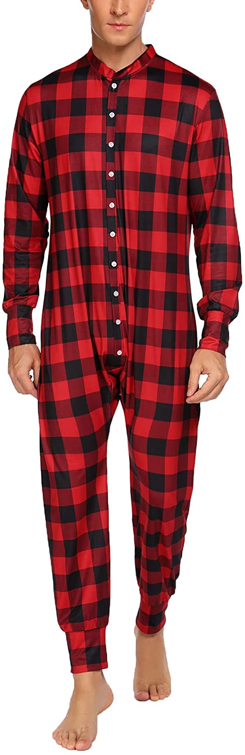 Hotouch Men's One Piece Pajama Long Thermal Union Suit Button Down Pajamas S-XXL 