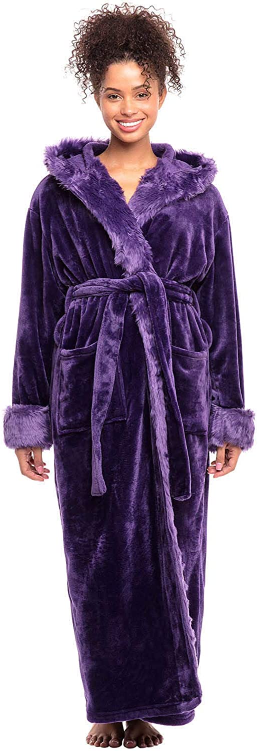 Alexander Del Rossa Women's Warm Fleece Robe with Hood Long Faux Fur Plush Bathrobe for Winter 