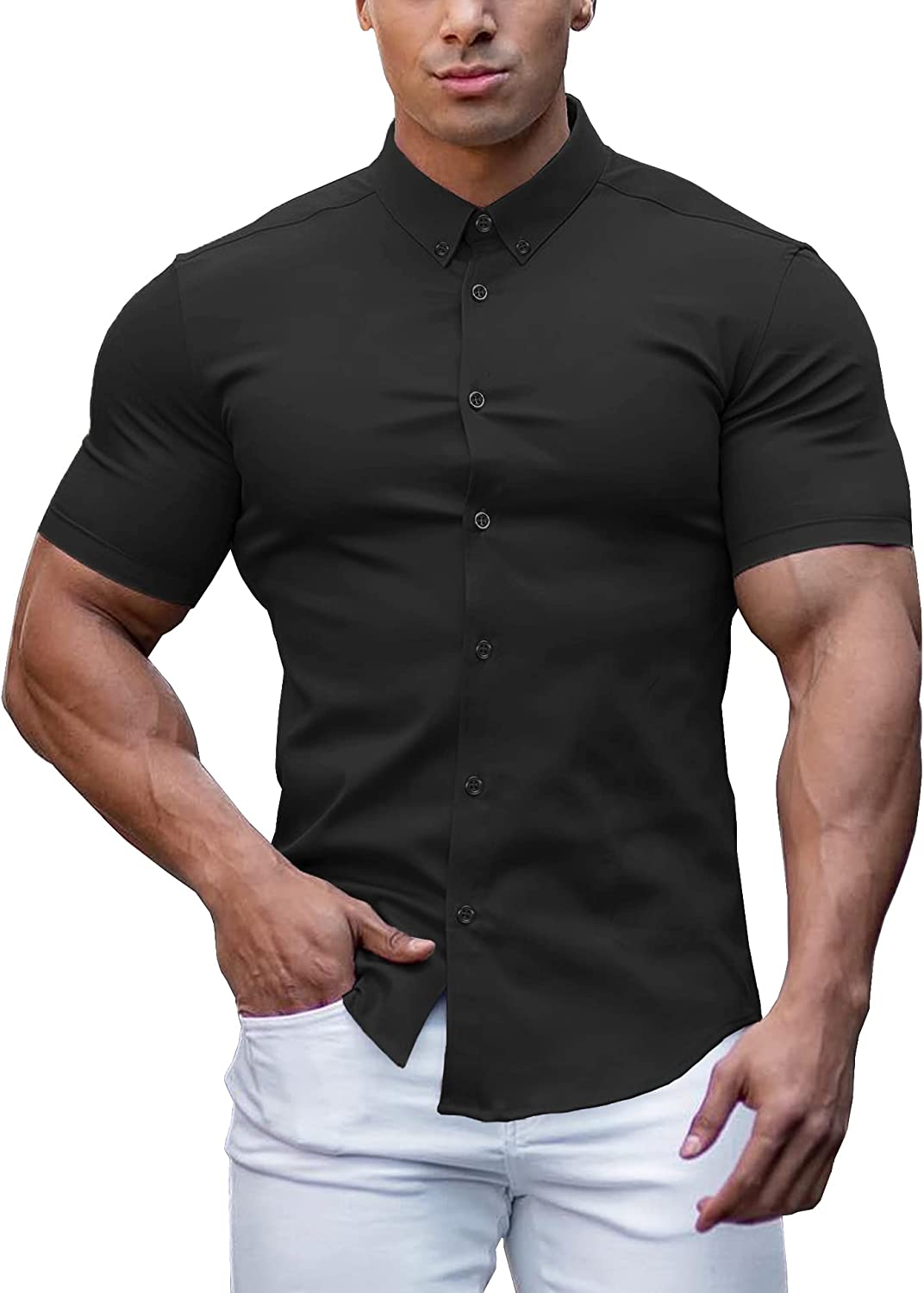  URRU Men's Muscle Dress Shirts Slim Fit Stretch Short