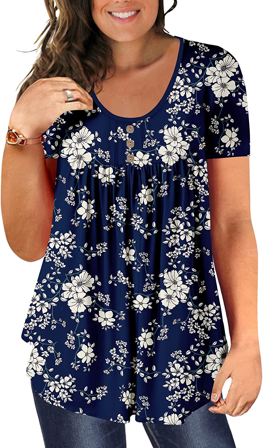 BeadChica Plus Size Women's Casual Tunic Tops To Wear With Leggings Loose  TShirts Ruched Flowy Lace Blouses Summer-Floral-1XL at  Women's  Clothing store