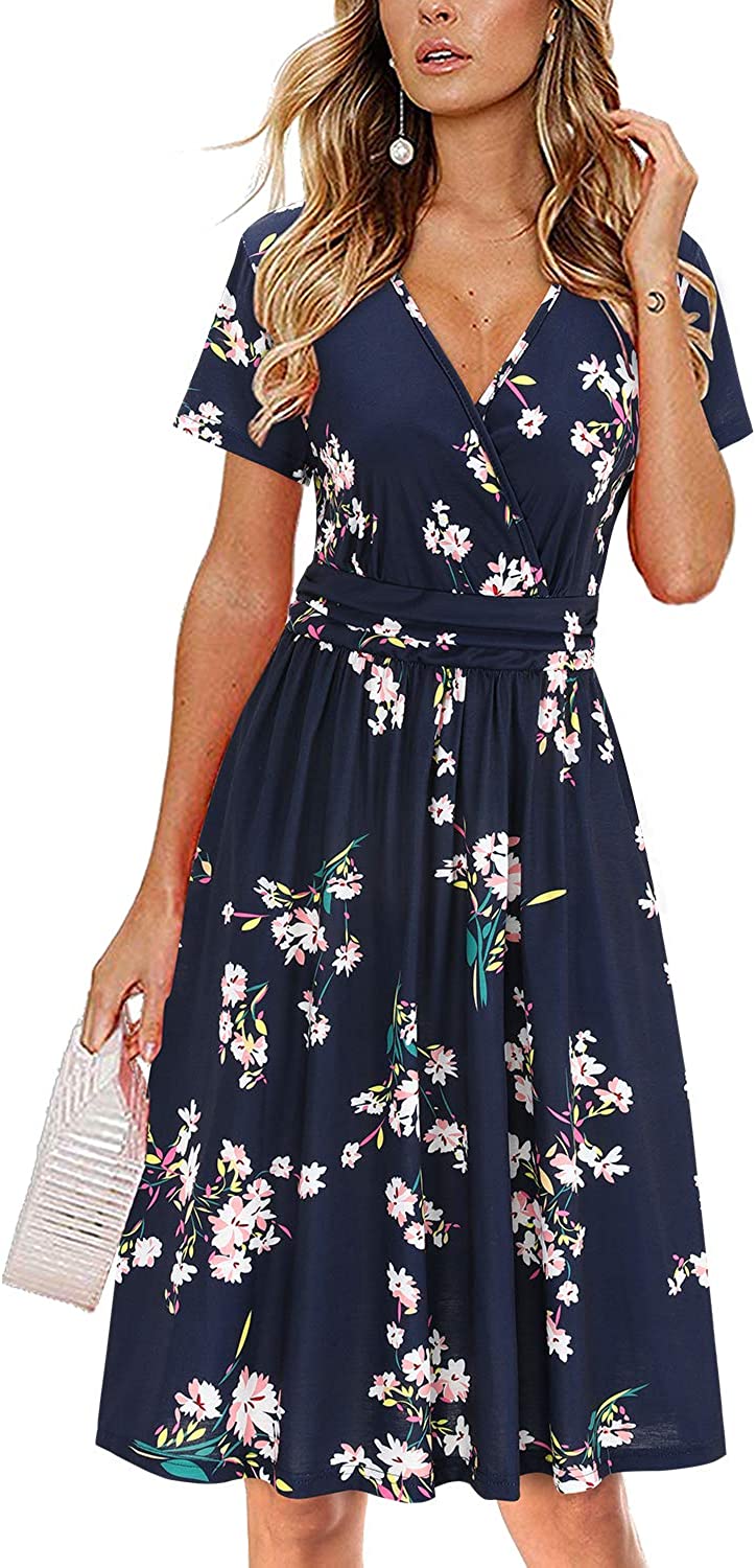 OUGES Womens Summer Short Sleeve V-Neck Floral Short Party Dress with Pockets 