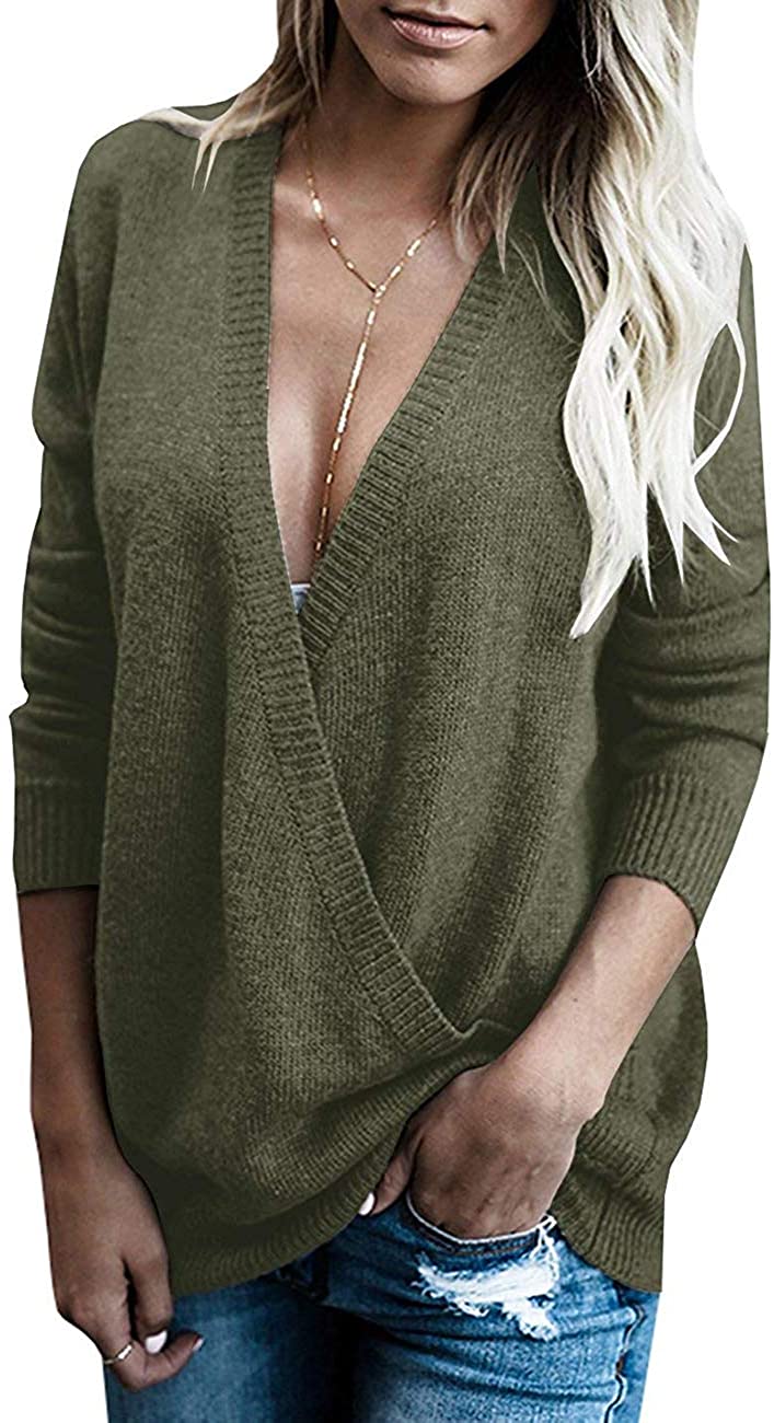 softome Womens Knitted Deep V-Neck Long Sleeve Wrap Front Loose Sweater  Pullover
