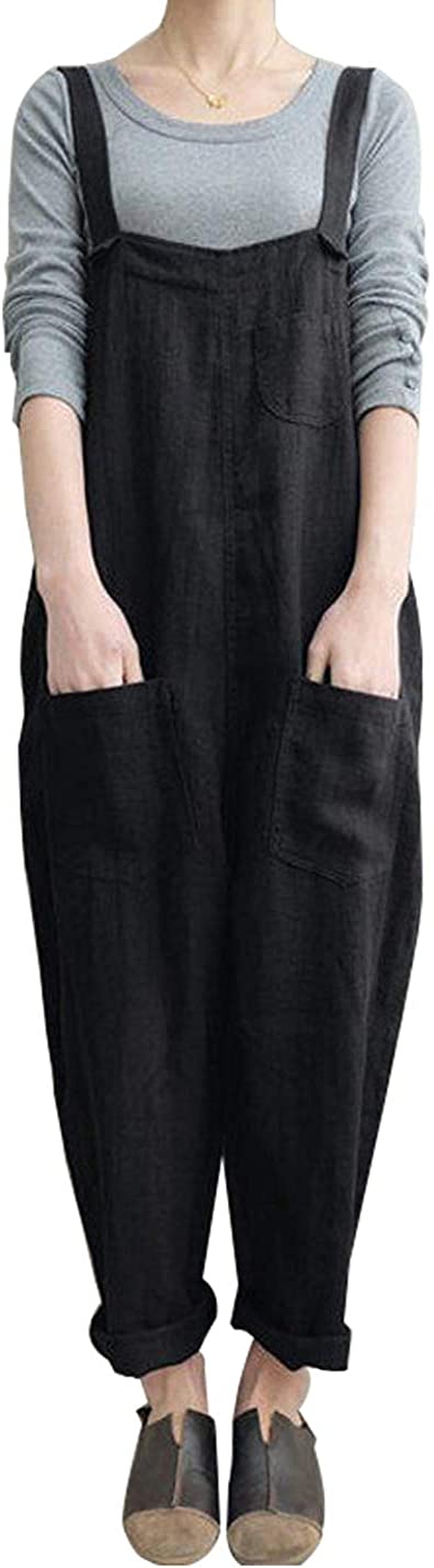 Yeokou Women's Loose Baggy Linen Cotton Summer Overalls Jumpsuits Harem Pants
