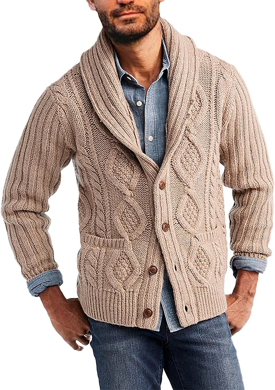 Mens Cable Knit Cardigan Sweater Button Shawl Collar Rib Edge Casual  Cardigans