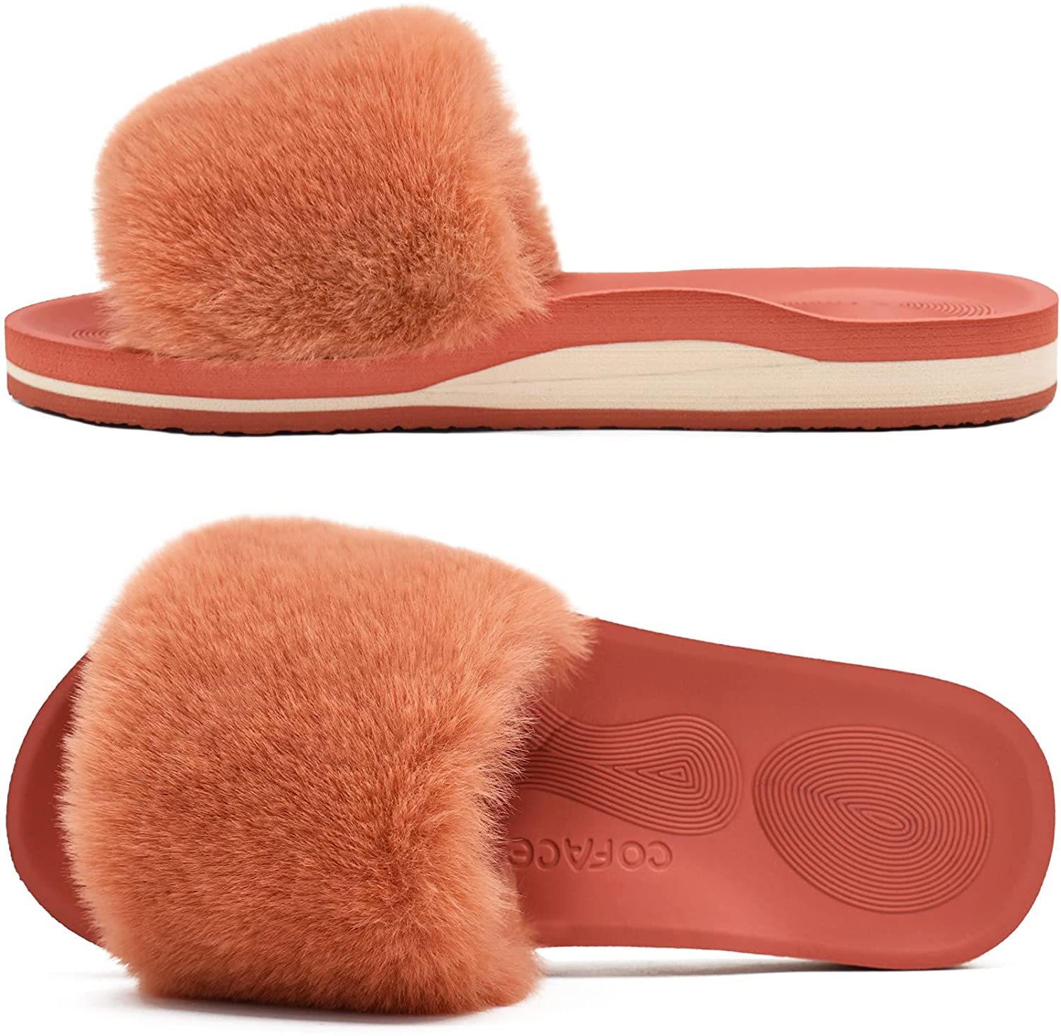 COFACE Womens Slides Fuzzy Slippers Open Toe Fluff Slippers With Arch  Support Plantar Fasciitis Orthotic Slippers Women House Shoes : 