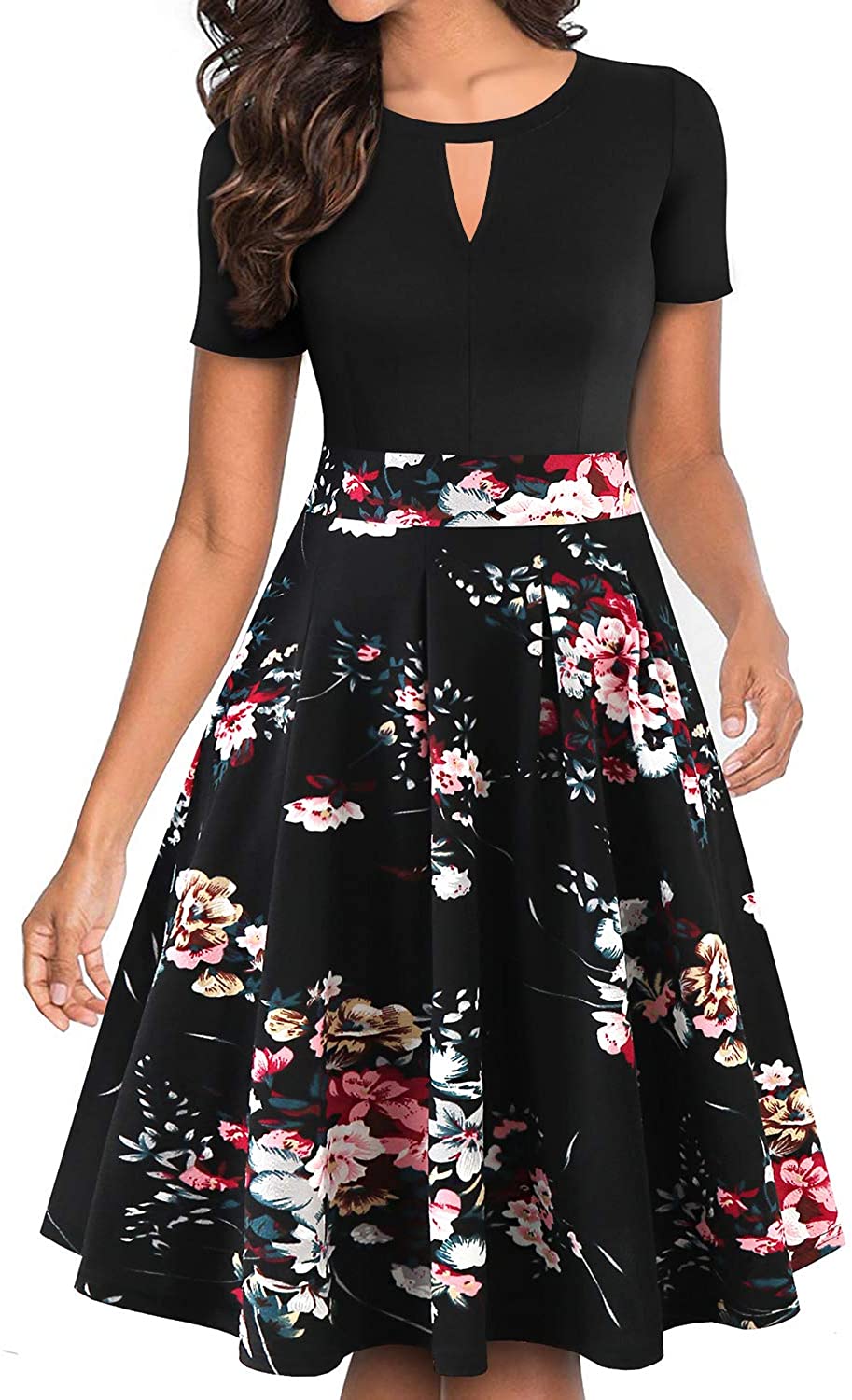 YATHON Women's Vintage Floral Flared A-Line Swing Casual Party Dresses ...