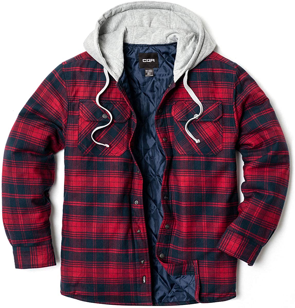 Men's Flannel Plaid Shirt Jacket with Hood Quilted Lined Coat