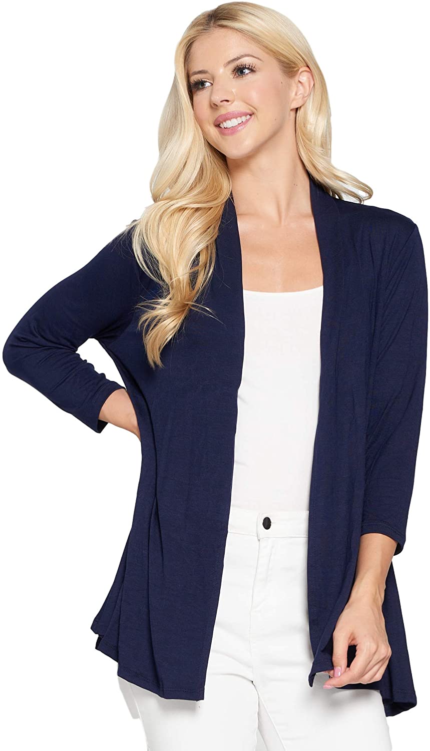 Made in USA Women's 3/4 Sleeve Extra Soft Open Front Casual Flowy Bamboo Cardigan 
