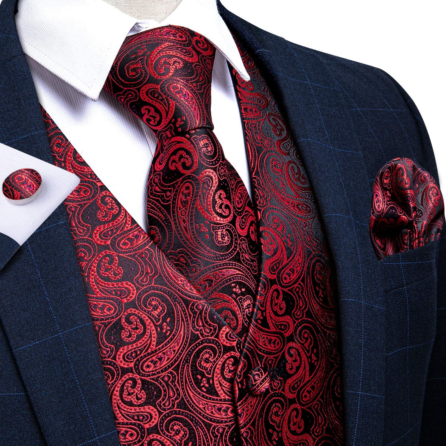 DiBanGu Mens Wedding Paisley Suit Vest Waistcoat Necktie and Pocket Square Cufflinks Formal