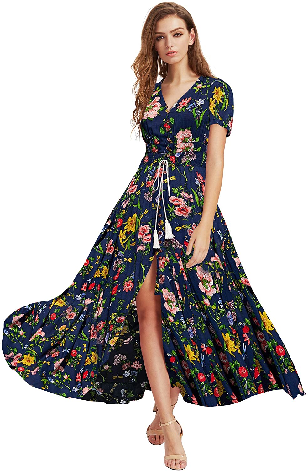 Milumia women's button up split shop floral print flowy party maxi dress