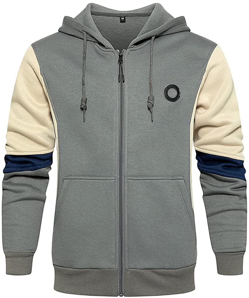Men's Casual Workout Hoodie Full Zip Tops Drawstring Stitching Collision Color Long Sleeve Comfy Hooded Sweatshirt Tunics