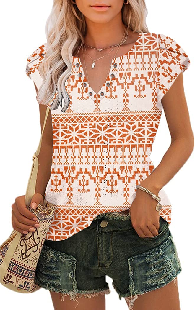 Womens Summer Tops Casual Country V Neck Tee Shirts Petal Sleeve