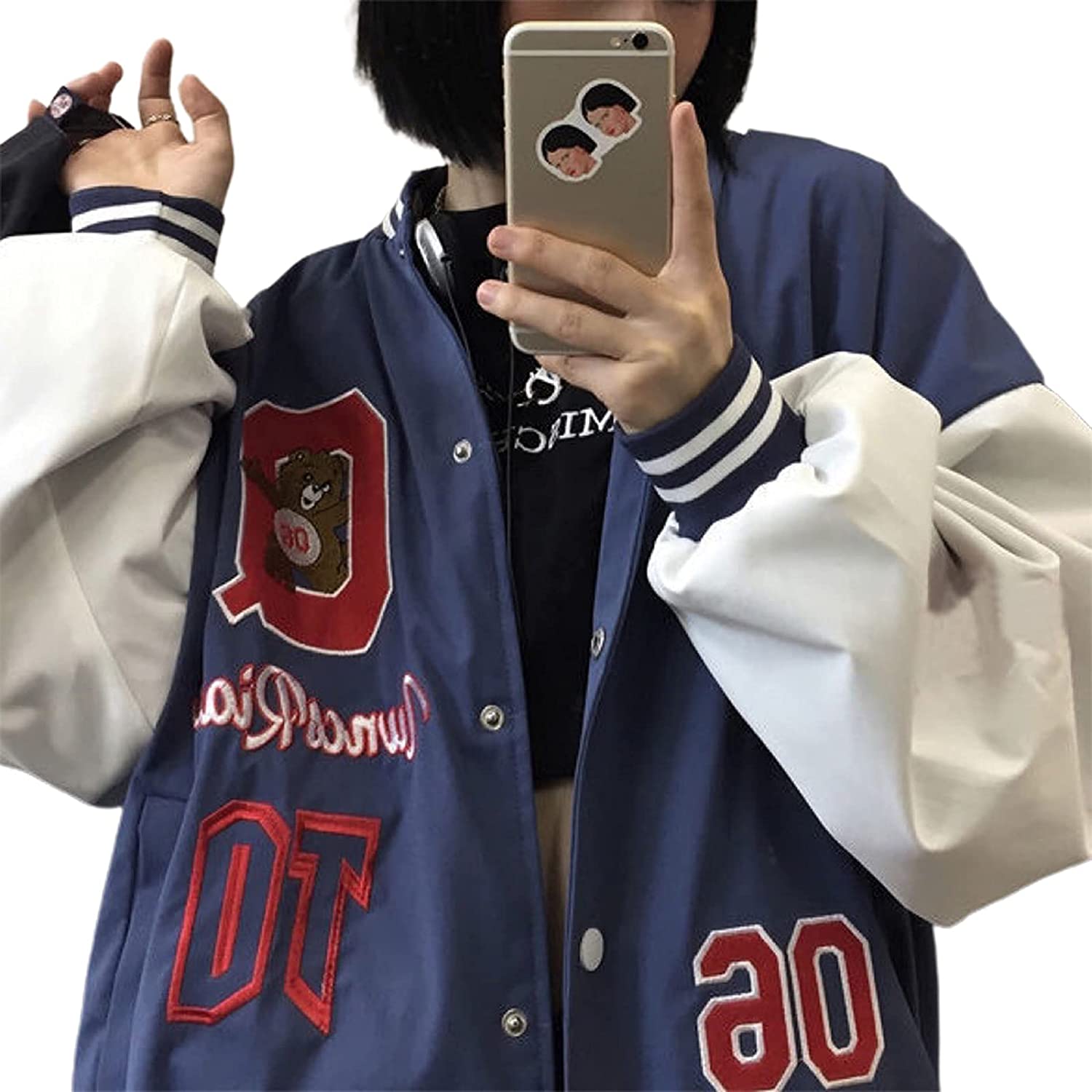 TheFound Womens Oversized Y2K Bomber Jacket Casual Boyfriend Baseball  Jacket Harajuku Long Sleeve Varsity Jacket Streetwear Coat Black Blue M