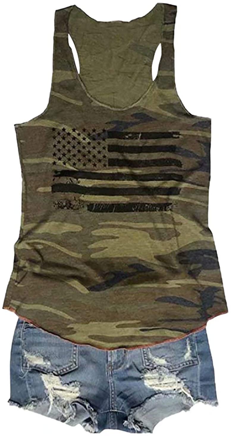 FLOYU Womens Camouflage Patriotic American Flag Graphic Print Casual Sleeveless 4th of July Tank Tops 