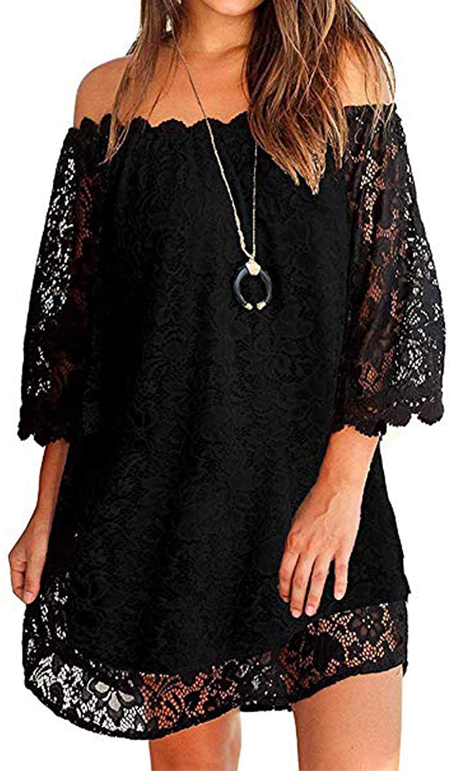 MIHOLL Women's Off Shoulder Lace Shift Loose Mini Dress | eBay