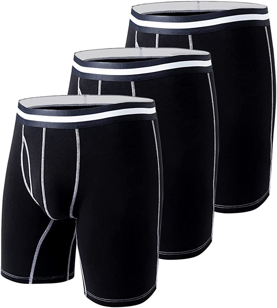 Men's Long Leg Boxer Briefs Cotton Underwear with Fly Pouch, 3