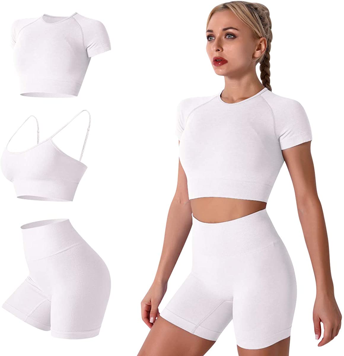 IWEMEK Women Seamless Yoga Outfits 2 Piece Workout Short Sleeve Crop Top  with High Waisted Running Shorts Sets Activewear : : Clothing,  Shoes