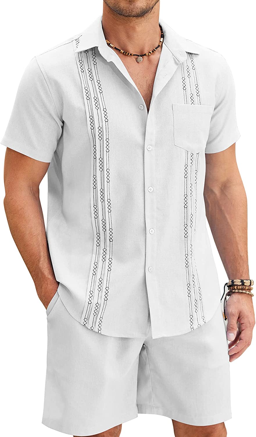 COOFANDY Men Linen Sets Outfits 2 Piece Short Sleeve Cuban Shirts Guayabera  Line