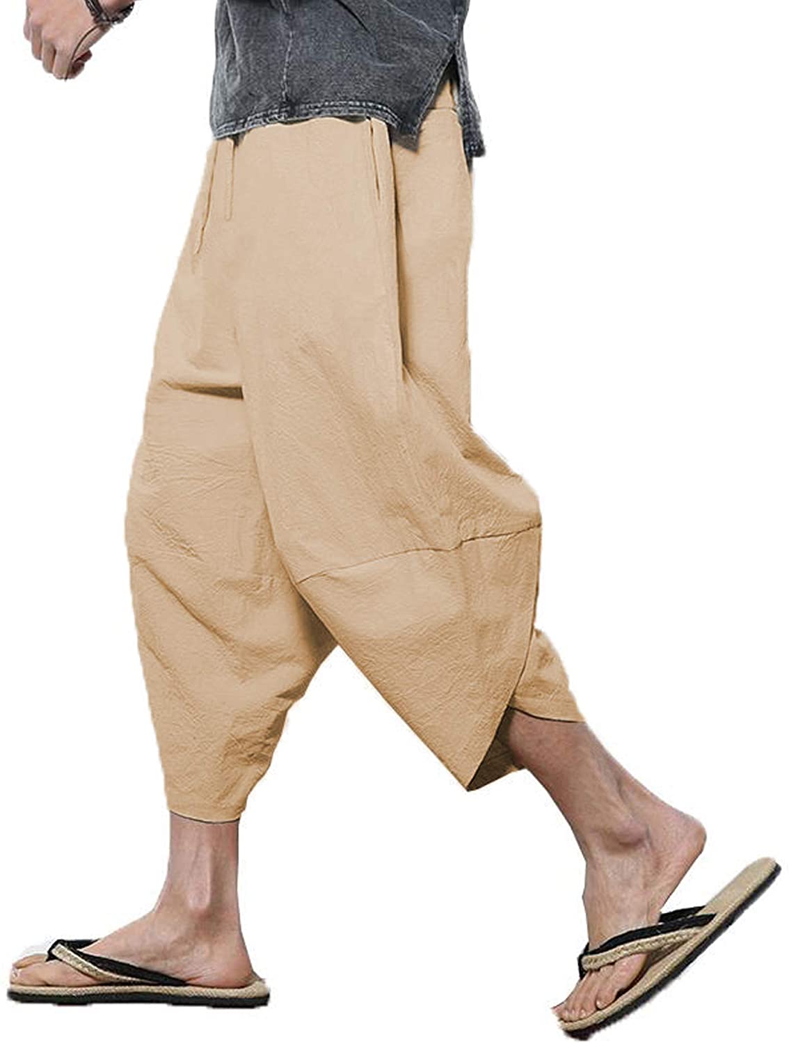 COOFANDY Men's Linen Harem Capri Pants Lightweight Loose 3/4 Shorts Drawstring Elastic Waist Casual Beach Yoga Trousers 