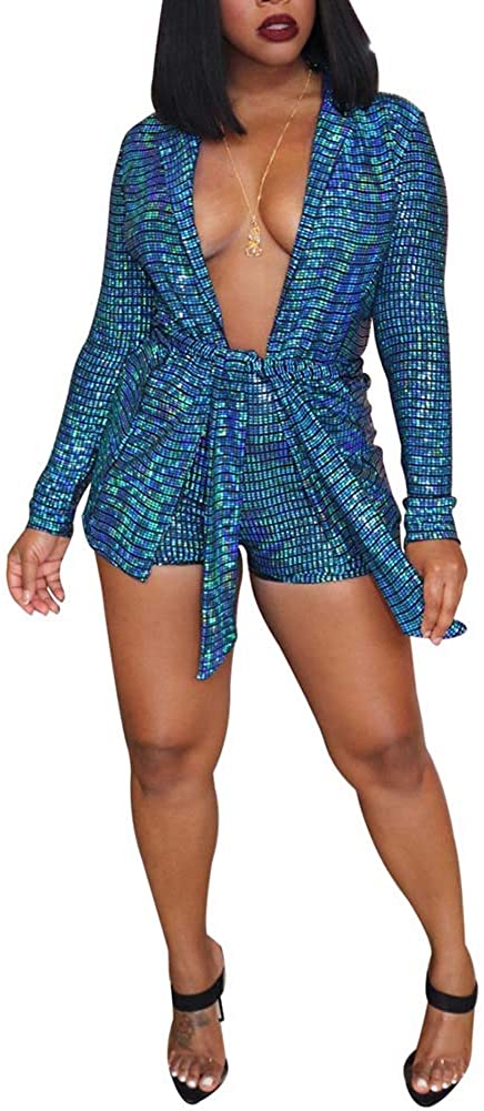 Sequin Long Sleeve Blazer Coat and Shorts Suit Set Women 2 Piece Outfits Clubwear 