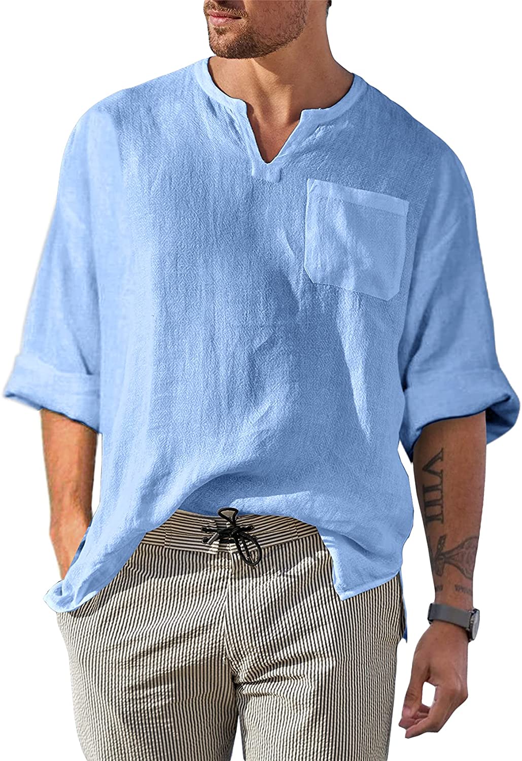 Burband Mens Cotton Linen Henley Shirts Casual Button Down Long Sleeve Hippie Summer Beach Yoga Tops Big and Tall M-3XL 