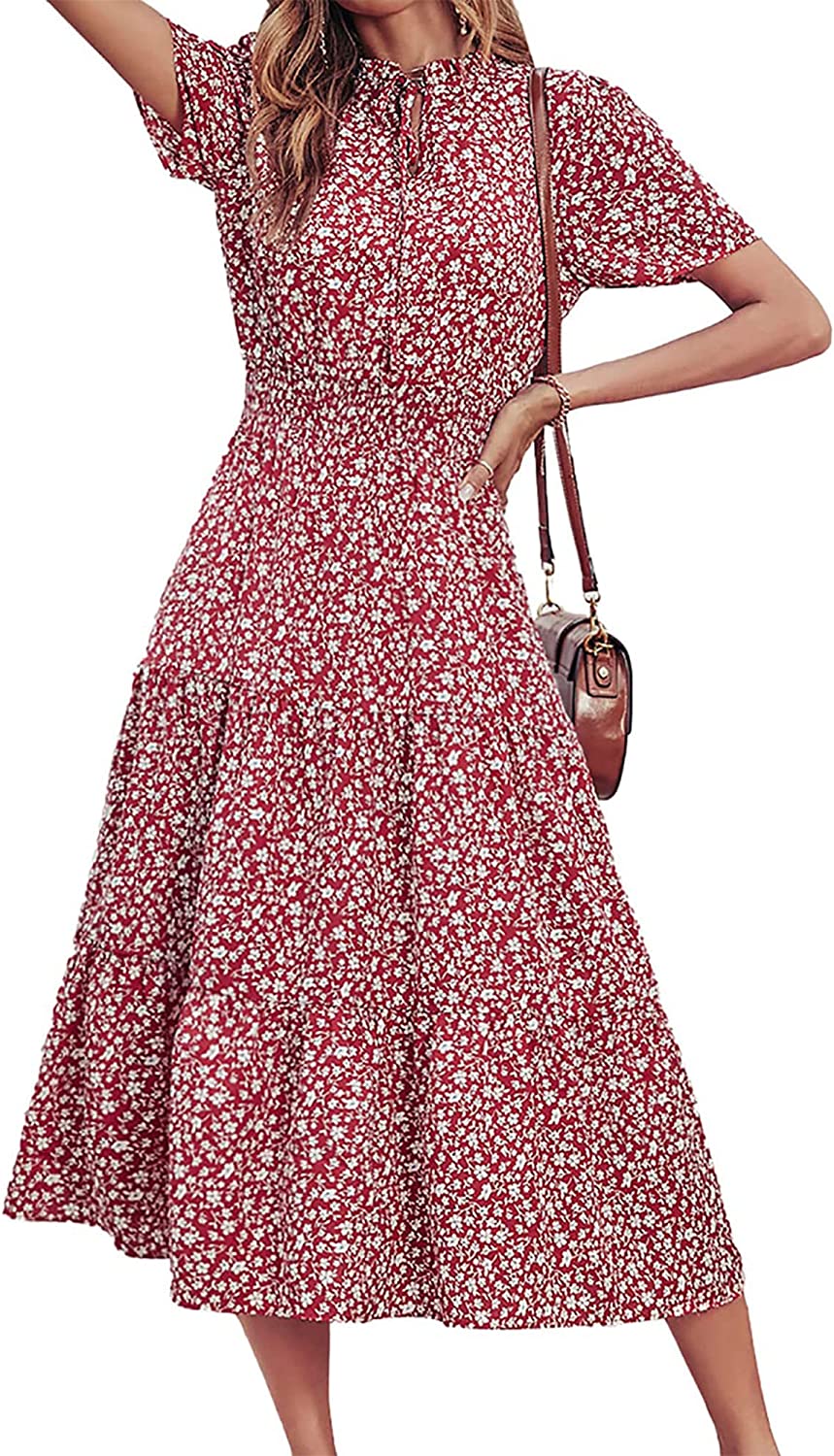 BTFBM Women 2023 Summer Boho Dress Knot Front Deep V Neck Short Sleeve  Floral Tiered Casual Party Beach Maxi Dresses, Big Floral Red, Small :  : Clothing, Shoes & Accessories